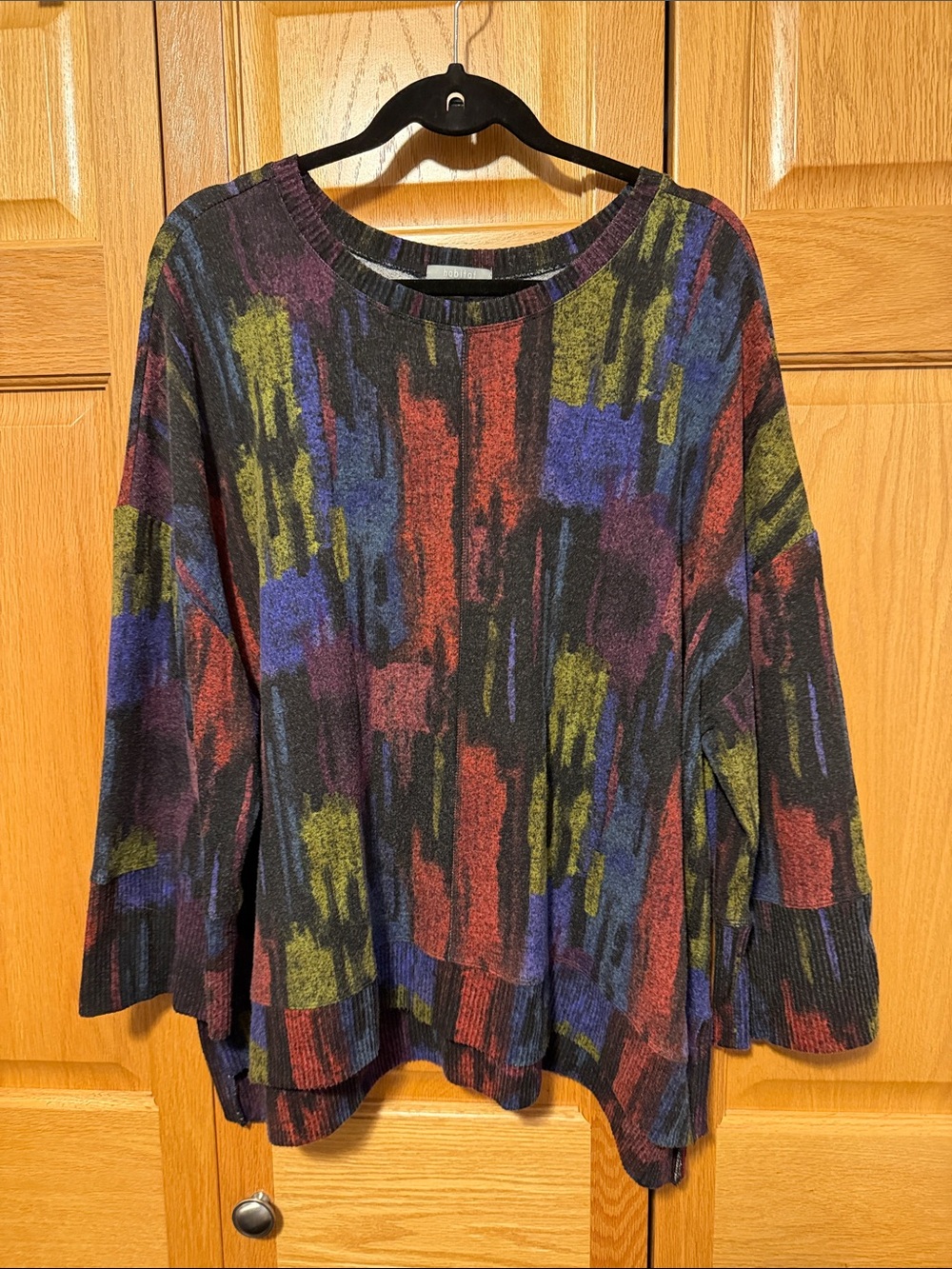 Habitat Abstract  Asymmetrical Knit Pullover in Black, Red, Blue, Green XL